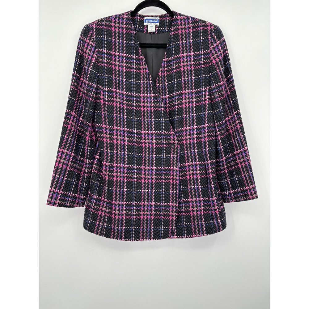 Pendleton Vintage Wool Plaid Blazer Jacket Single Button Black Pink Size 6
